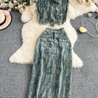 Women’s Distressed Denim Crop Vest and Midi Skirt Set Clothes !