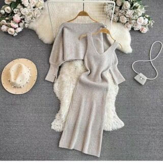 Women’s Ribbed Knit Midi Dress with Cropped Cardigan Set Clothes !